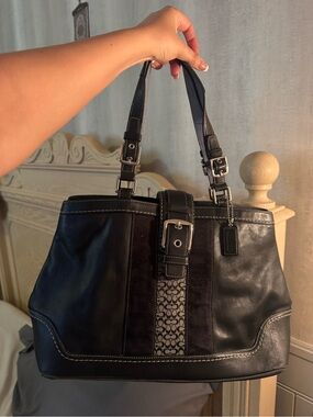 Coach Black Leather Shoulder Bag with Signature Center Panel
